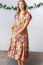 Load image into Gallery viewer, Multicolor Floral Boho Elastic Waist Ruffle Midi Dress