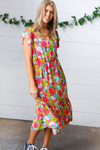 Load image into Gallery viewer, Multicolor Floral Boho Elastic Waist Ruffle Midi Dress