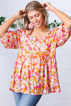 Load image into Gallery viewer, Orange Square Neck Peplum Floral Challis Top