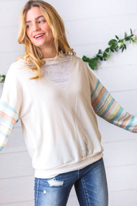 Oatmeal Lace V Neck Vintage Stripe Pullover