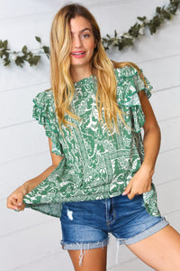 Boho Floral Mock Neck Double Flutter Sleeve Woven Top