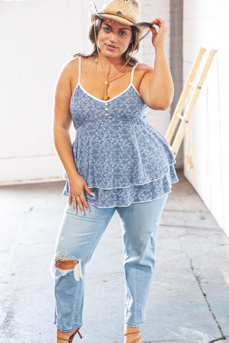 Apparel & Accessories Blue V Neck Babydoll Button Detail Ruffle Top