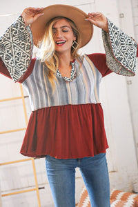 Berry Hacci Aztec Multistripe Outseam Bell Sleeve Top