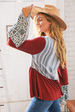 Load image into Gallery viewer, Berry Hacci Aztec Multistripe Outseam Bell Sleeve Top