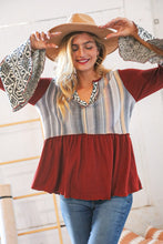 Load image into Gallery viewer, Berry Hacci Aztec Multistripe Outseam Bell Sleeve Top