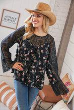 Load image into Gallery viewer, Black Floral Lace Color Block Bell Sleeve Blouse