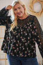 Load image into Gallery viewer, Black Floral Lace Color Block Bell Sleeve Blouse