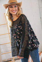 Load image into Gallery viewer, Black Floral Lace Color Block Bell Sleeve Blouse