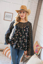 Load image into Gallery viewer, Black Floral Lace Color Block Bell Sleeve Blouse