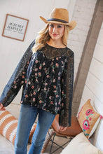 Load image into Gallery viewer, Black Floral Lace Color Block Bell Sleeve Blouse