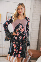 Load image into Gallery viewer, Black Floral Two Tone Color Block Fit &amp; Flare Midi Dress