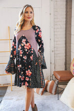Load image into Gallery viewer, Black Floral Two Tone Color Block Fit &amp; Flare Midi Dress