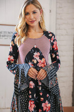 Load image into Gallery viewer, Black Floral Two Tone Color Block Fit &amp; Flare Midi Dress