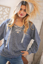 Load image into Gallery viewer, Blue Cotton Terry Floral Lace Up Bubble Sleeve Pullover