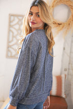 Load image into Gallery viewer, Blue Cotton Terry Floral Lace Up Bubble Sleeve Pullover