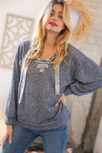 Load image into Gallery viewer, Blue Cotton Terry Floral Lace Up Bubble Sleeve Pullover