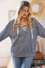Load image into Gallery viewer, Blue Cotton Terry Floral Lace Up Bubble Sleeve Pullover