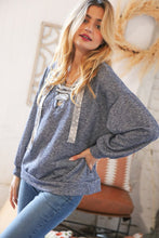 Load image into Gallery viewer, Blue Cotton Terry Floral Lace Up Bubble Sleeve Pullover