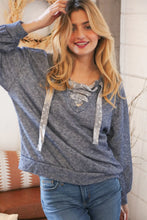 Load image into Gallery viewer, Blue Cotton Terry Floral Lace Up Bubble Sleeve Pullover