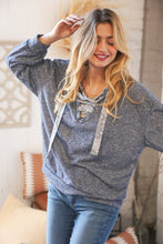 Load image into Gallery viewer, Blue Cotton Terry Floral Lace Up Bubble Sleeve Pullover