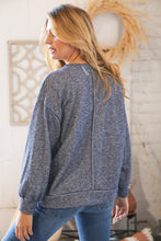 Load image into Gallery viewer, Blue Cotton Terry Floral Lace Up Bubble Sleeve Pullover