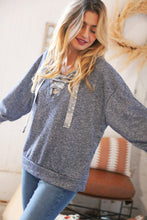 Load image into Gallery viewer, Blue Cotton Terry Floral Lace Up Bubble Sleeve Pullover