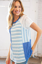 Load image into Gallery viewer, Blue Rib Terry Lace &amp; Stripe Color Block Top