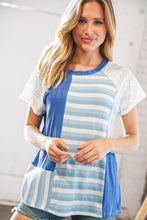 Load image into Gallery viewer, Blue Rib Terry Lace &amp; Stripe Color Block Top