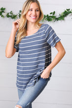 Load image into Gallery viewer, Blue Stripe V Back Crochet Detail Top