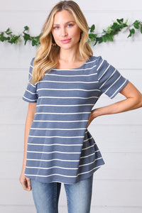 Blue Stripe V Back Crochet Detail Top