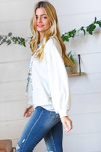 Load image into Gallery viewer, Cream Cotton Terry Floral Print Lace Up Pullover