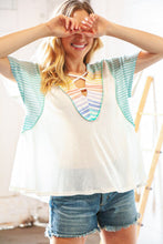 Load image into Gallery viewer, Cream Multi Stripe Lace Up Neck Color Block Top