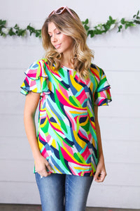 Geo Multicolor Print Flutter Sleeve Woven Top