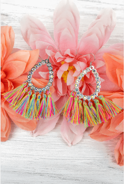 Jewelry Aurora Silvertone Teardrop Neon Rainbow Tassel Fringe Earrings