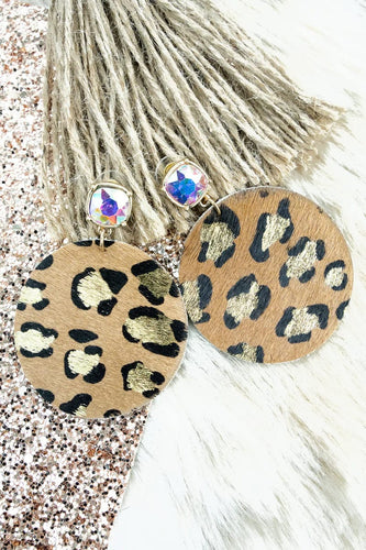 Jewelry Crystal and Brown Leopard Disk Earrings