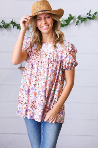 Lavender Watercolor Lace & Ruffle Woven Top