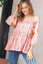 Load image into Gallery viewer, Pink/Red Chiffon Floral Square Neck Babydoll Blouse