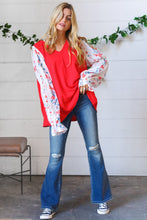 Load image into Gallery viewer, Red Chiffon Foiled Floral Thread Ruffle Sleeve Blouse