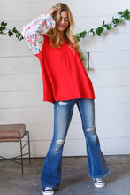Load image into Gallery viewer, Red Chiffon Foiled Floral Thread Ruffle Sleeve Blouse