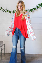 Load image into Gallery viewer, Red Chiffon Foiled Floral Thread Ruffle Sleeve Blouse