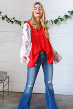 Load image into Gallery viewer, Red Chiffon Foiled Floral Thread Ruffle Sleeve Blouse