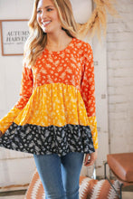 Load image into Gallery viewer, Sunflower Ditzy Floral Rib Color Block Babydoll Top