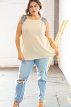 Load image into Gallery viewer, Tan Leopard Crochet Waffle Banded Sleeve Top