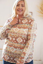 Load image into Gallery viewer, Taupe Aztec Print Lace Embellished Terry Hoodie