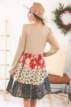 Load image into Gallery viewer, Taupe Floral &amp; Leopard Print Tiered Pocketed Mid Dress