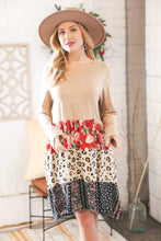 Load image into Gallery viewer, Taupe Floral &amp; Leopard Print Tiered Pocketed Mid Dress