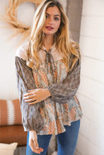 Load image into Gallery viewer, Taupe Paisley Print Houndstooth Mock Neck Top