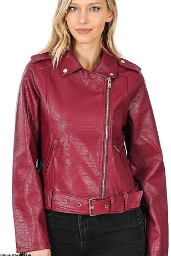 Top Belted Moto Jacket - Red