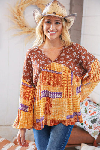 Top Boho V Neck Crinkle Floral Woven Babydoll Top
