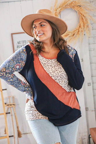 Top Rib Patchwork Leopard Floral Color Block Top